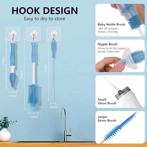 Silicone Bottle Cleaning Brush,Baby Travel Essential Bottle Brush Set, 3 in 1 Silicone Brush, Nipple Brush, Straw Brush - color: Blue
