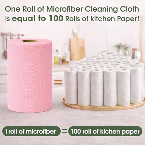 Microfiber Cleaning Cloth Roll - 100 Pack Tear Away Microfiber Paper Towels, Reusable, Washable, Scratch-Free, Kitchen Towels for Car, Home, Kitchen, Glass, Dishes(Pink) - color: Pink