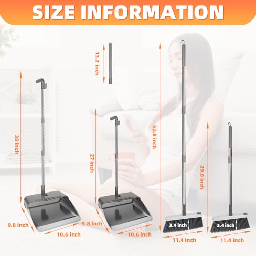 Broom with Dustpan Combo Set, Heavy Duty Standing Metal Dust Pan with Teeth, Indoor Outdoor Up for Home Kitchen Lobby Room Office, Grey - color: Gray