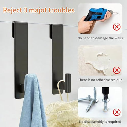 Shower Door Hooks, 7.5 Inch Extended Towel Hooks for Bathroom, Towel Hooks for Shower Glass Door Frameless fit for 3/8" (10mm) Thick, Stainless Steel Towel Hanger, Black, 2 Pack