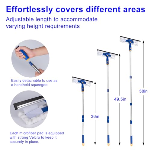 Squeegee for Window Cleaning with Extendable Pole, 53" 2-in-1 Window Cleaning Tool Kit, Shower Squeegee with Long Handle, Indoor/Outdoor High Window Cleaning-Two Pads - size: 53"