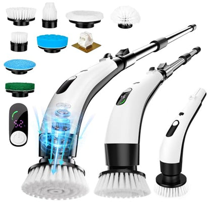 PUNOMO Electric Spin Scrubber, Cordless Bathroom Cleaning Brush with 8 Replaceable Heads & Adjustable Handle, IPX7 Waterproof Shower Scrubber with LCD Display, 2 Speeds for Bathtub, Floor, Tile