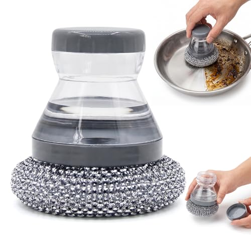 Comfort Grip Soap Dispensing Kitchen Scrub Brush, Dish Brush with Soap Dispenser & Handle, Extra Strong Scrubbing for Stubborn Residue on Pots Pans & BBQ Grill (1pc Brush Head + Handle) - color: 1pc Brush Head + Handle