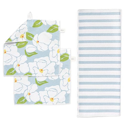 ELYN Microfiber Kitchen Dish Towel & Dish Cloth Set, Quick-Dry & Absorbent Waffle Weave Cleaning Cloths, Set of One Kitchen Towel & Two Washcloths, Paper Towels Alternative (Magnolias & Stripe) - color: Magnolias & Stripe, style: Towel & Cloth Set