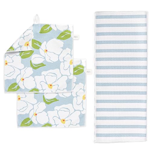 ELYN Microfiber Kitchen Dish Towel & Dish Cloth Set, Quick-Dry & Absorbent Waffle Weave Cleaning Cloths, Set of One Kitchen Towel & Two Washcloths, Paper Towels Alternative (Magnolias & Stripe) - color: Magnolias & Stripe, style: Towel & Cloth Set