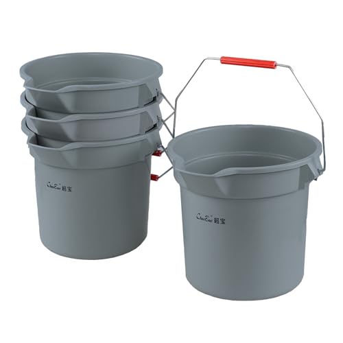 3.5 Gallon Commercial Cleaning Plastic Buckets with Handles, 4-Pack | Gray Industrial Round Utility Pail, Heavy-duty, Construction for Professional/Janitorial Cleaners