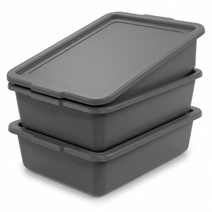 Gray 13 L Commercial Bus Tubs/Tote Box with Lids, Plastic Storage Wash Basin Tub, 3-Pack - color: Grey, size: 13L-Grey with Lid