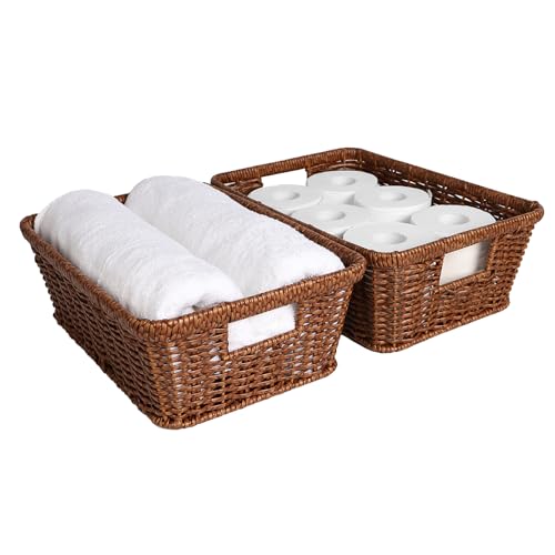 Wicker Storage Basket Water-resistant:Storage Basket with Built-in Handles,Rectangle Basket for Shelf, Brown, 2-Pack - color: Brown, size: Large