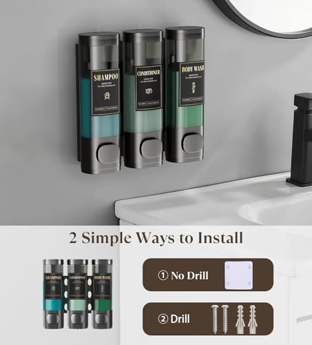 Luxspire Shampoo and Conditioner Dispenser, No Drill Wall Mounted Shower Soap Dispenser 3 Chamber with Waterproof Labels, Easy Refill Soap Dispenser for Bathroom Hotel Kitchen, Gray - color: Gray, size: 3 Chamber