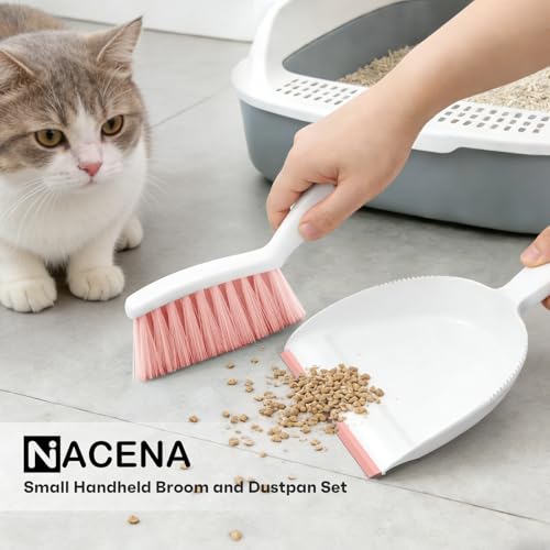 NACENA Handheld Dustpan and Broom Set – Mini Compact Brush Combo for Desktop, Sofa, Car & Kitchen Crumbs Small Cleaning Tool with Stiff Bristles, Pink - color: Pink-1, size: 1 Pack