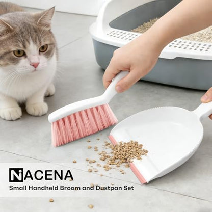 NACENA Handheld Dustpan and Broom Set – Mini Compact Brush Combo for Desktop, Sofa, Car & Kitchen Crumbs Small Cleaning Tool with Stiff Bristles, Pink - color: Pink-1, size: 1 Pack