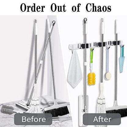 3 Racks and 4 Hooks Broom and Mop Holder Wall Mounted Garage Organizer Storage Tool Racks Stainless Steel Heavy Duty Hooks Self Adhesive Solid Non-slip Wall Hangers for Home Kitchen Garden Laundry - color: 3 Racks & 4 Hooks (Silver) - 1 Pack