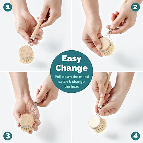 Jungle Culture Replacement Brush Heads for Eco Dish Brush • Wooden Washing Up Brush Heads Pack of 4 • Interchangeable Soft Bristle Refills • Natural Dish Scrubbers • Zero Waste Cleaning Products