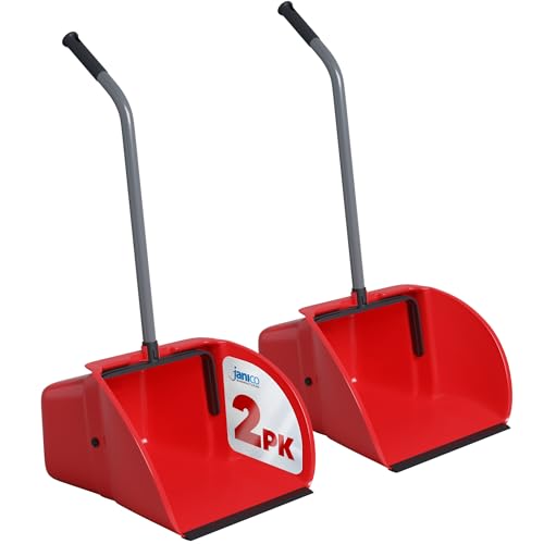 Janico Tall Commercial Dust Pan with Handle – 2 Pack – Indoor/Outdoor Heavy Duty Large Upright Standing Dust Pans with Long Handle – 12-Inch Wide Plastic Stand Up Lobby Dustpan Only with Broom Clip