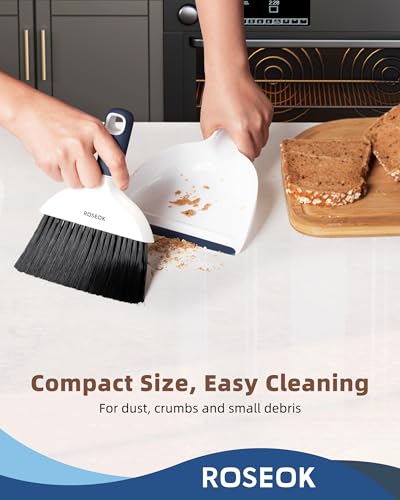 ROSEOK Mini Broom and Dustpan Set for Cleaning, Compact Desktop Dustpan with Brush for Kitchen Counter, Office, Car, Navy Blue, 1 Pack