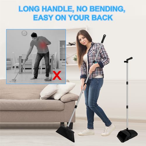 Broom with Dustpan Combo Set and Silicone Air Broom Kit, 51" Long Handle Floor Squeegee, Black Household Kit for Glass Window Rugs Pet Hair Home - color: Black