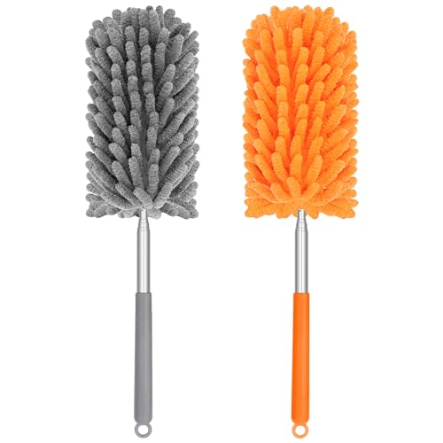 Mini Duster for Cleaning, 360° Bendable Hand Dusters with Extension Pole, Washable Small Duster for Car Interior, Office, Furniture - color: 2 Pack Grey Orange