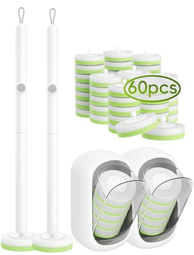 Wall Mounted Disposable Toilet Brush System with Holder, Toilet Bowl Cleaning Wand with Green Refills and One-Button Release, 2 Wands and Holders with 60 Green Refills