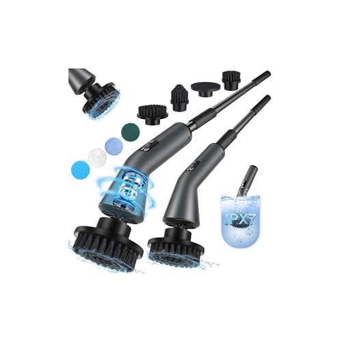 Electric Spin Scrubber -[Upgraded Version] [IPX7 Waterproof] Bathroom Scrubber Electric with 7 Brush Heads, 2 Speed, 400 RPM Power Scrubber with Detachable Long Handle for Bathroom, Home