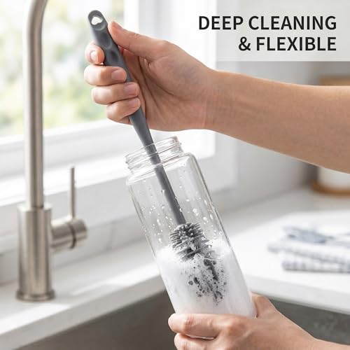 Baby Bottle Brush, Silicone Water Bottle Cleaner Flexible Extra Long Handle Grey Cup Cleaner Brush for Washing Hydro Flasks Sports Tumblers and Deep Narrow Neck Glassware