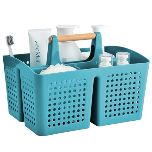 Portable Shower Caddy Basket with Wood Handle, 3-Compartment Bathroom Organizer Tote with Drain Holes, Plastic Shower Basket for Dorm, Toiletries, Cleaning Supplies, Green - color: Teal