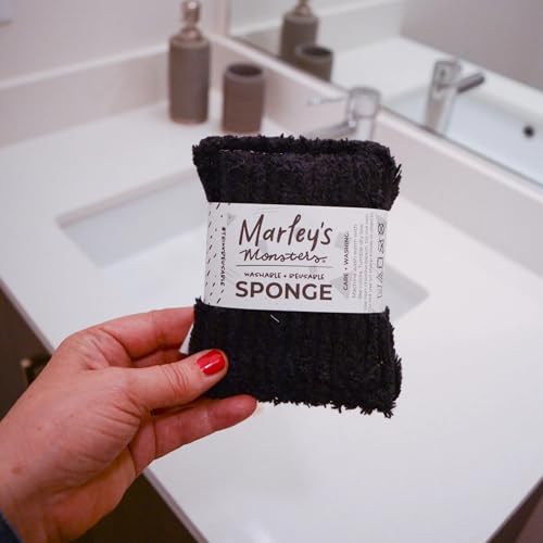 Marley's Monsters Chenille Washable Sponge – Reusable Eco-Friendly Kitchen Scrubber – Soft 100% Cotton Chenille & Recycled Foam – 3.5" x 5" Handmade in USA (Black) - color: Black