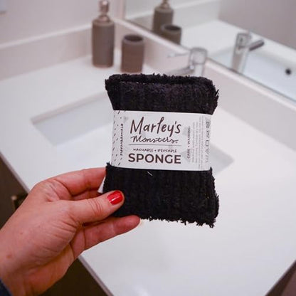 Marley's Monsters Chenille Washable Sponge – Reusable Eco-Friendly Kitchen Scrubber – Soft 100% Cotton Chenille & Recycled Foam – 3.5" x 5" Handmade in USA (Black) - color: Black