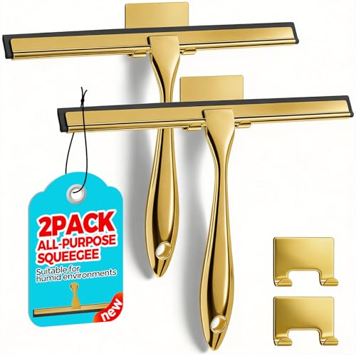 ALFLOD 2PACK 10-Inch Golden All-Purpose Shower Squeegee for Shower Doors, Bath Linen Sets, Tile Shower Walls, Bathroom, Window, Glass and Car Windshield, Mirrors and Kitchen-Stainless Steel - color: Golden, size: 10 Inch