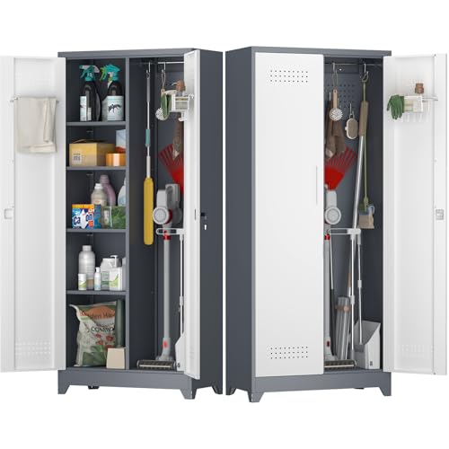Broom Storage Cabinet, Metal Cabinet with Shelves and Hanging Rod, 72.8" Utility Cabinets with Locking Door, Tall Cleaning Storage for Kitchen, Pantry, Office, Shop, Garage - color: 73"h-broom Cabinet / White+grey