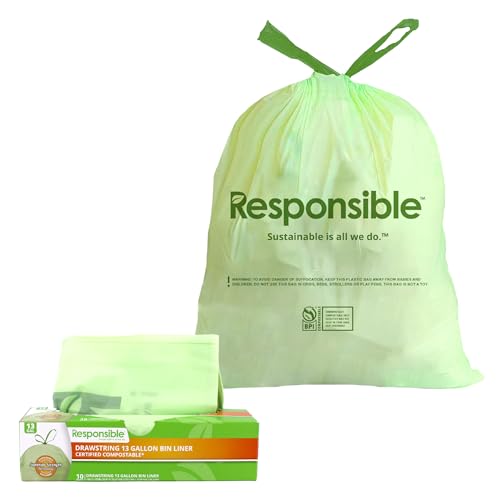 Responsible Products Kitchen Bin Liners, Certified Compostable, Heavy Duty Multipurpose Food Scrap Bags, Made from Compostable Materials (13 Gallon Drawstring, 13 Gallon (10 Count)) - size: 13 Gallon (10 Count), style: 13 Gallon Drawstring