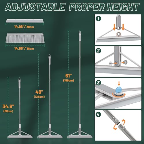 KOLLIEE 2 in 1 Floor Squeegee Broom Set Window Long Handle Rubber Squeegee Brush Mop Kit with Adjustable Handle 120° Rotating Angle Head for Wet Room Hard Floor Outdoor - size: Grey Broom and Floor Squeegee