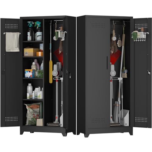 Metal Locking Cabinet, 72.8" Tall Storage Cabinet for Broom, Garage Storage Cabinet with Doors and Shelves, Heavy Duty Tool Cabinet for Home Office, School, Basement,Gym - color: 73"h-broom Cabinet / Black