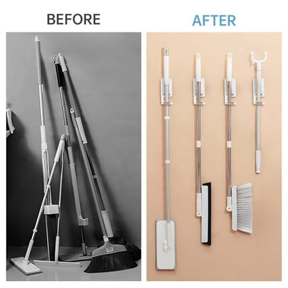 NiHome Multi-Use Wall Mounted Mop Holders 4PCS for Mops, Brooms, Tools, Umbrellas, Kitchen & Bathroom Supplies, Space-Saving Broom Holder with 180° Rotating Design, Self-Adhesive No-Drill Installation