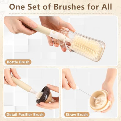 3-Pack Silicone Baby Bottle Brush, Bottle Cleaner, with Convenient Hang Up, Food Grade Silicone, Effortless Scrubbing Cleaning Brushes for Long Narrow, Sports, Baby Bottles (Latte)