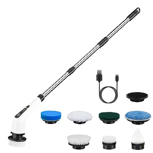 Moclever Electric Spin Scrubber 8 in 1 Electric Cleaning Brush, Cordless Rechargeable Telescopic Shower Scrubber 2 Speed Adjustable Handle Power Scrubbers for Bathroom, Tub, Floor Tile, Car