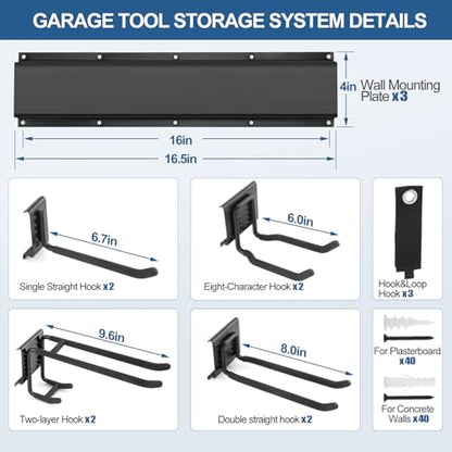 Garage Tool Organizer Wall Mount 49.5" - 520lbs Heavy Duty Metal | Garage Wall Organizer with 11 Adjustable Hooks, Space-saving Hanging Rack for Garden Yard Tools, Shovel, Ladder, Weed Eater - size: 49.5''-14Pack
