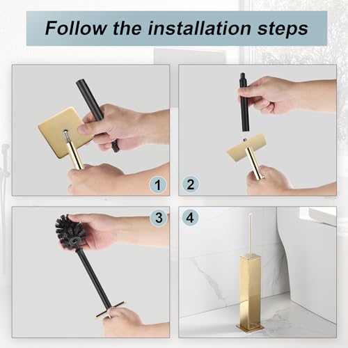 Gold Toilet Brush with Holder 304 Stainless Steel Toilet Bowl Brush, Square Bathroom Cleaner Brush - color: Gold