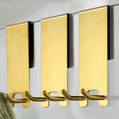 Taozun Towel Hooks for Bathrooms - Over Shower Door Hooks for Towels on Frameless Glass, Gold Stainless Steel, 3-Pack - color: Gold, size: 3 Pack