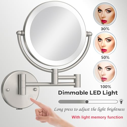 8 Inch Rechargeable Brass Lighted Magnifying Mirror Wall Mounted, 1X/5X Double-Sided Bathroom Personal Makeup Mirror with Light, Brushed Nickel - color: Brushed Nickel