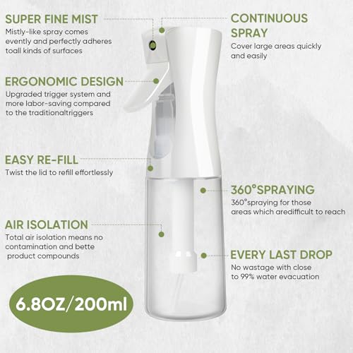 Continuous Spray Bottles, Ultra Fine Mist Sprayer, Spray Bottle For Hairstyling, Cleaning, Plants, Pets, Barbers, Salons (White) - color: White