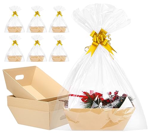 AFOROEOA 10PACK Baskets For Gifts Empty, 10x12”Thick Kraft Gift Basket with 10 Bows 10 Bags Empty Gift Baskets for Christmas, Valentine’s Day, Easter, Birthdays, Snacks, Farmers Market - color: Kraft