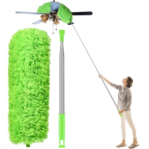 Dusters for Cleaning High Ceiling Fan, Newliton Microfiber Feather Duster with 30'' to 100'' Telescoping Extension Pole, Long Extendable Duster for Home Car Furniture Cobweb, Green - color: Green