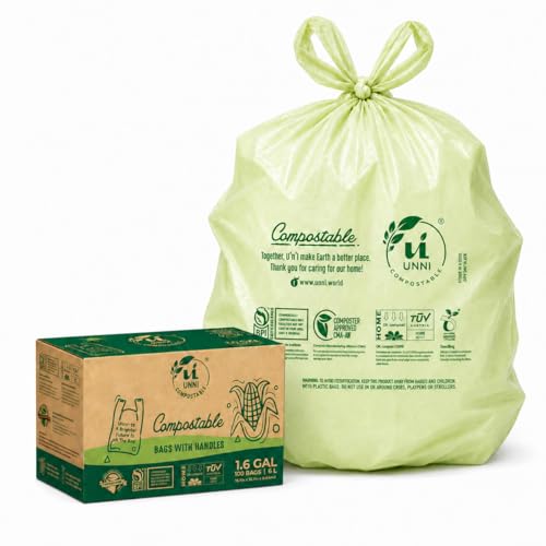 UNNI 1.6 Gallon Compostable Trash Bags with Tie Handles, 100 Count Small Food Scrap Kitchen Compost Bags for Countertop Bin, Certified by BPI, CMA & OK compost HOME, Meets ASTM D6400 - size: 100 Count (Pack of 1), style: 1.6 Gallon
