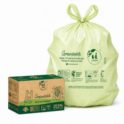 UNNI 1.6 Gallon Compostable Trash Bags with Tie Handles, 200 Count Small Food Scrap Kitchen Compost Bags for Countertop Bin, Certified by BPI, CMA & OK compost HOME, Meets ASTM D6400 - size: 200 Count (Pack of 1), style: 1.6 Gallon