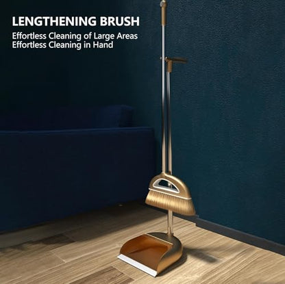 Broom and Dustpan Set, Long Handle Broom with Stand Up Dustpan Combo Set, Light Weight Stainless Steel Poles Stand Upright Dustpans and Broom Set, Broom with Dustpan for Home Kitchen Room - color: Gold