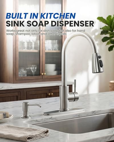 Built in Kitchen Sink Soap Dispenser: Stainless Steel Pump Head with 17 Ounce Large Soap Bottle, Easy Top Refill Design – No Bending Down for Countertop, Brushed Nickel - color: Brushed Nickel