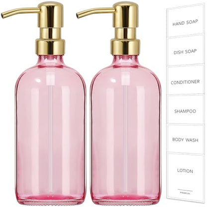 GMISUN Pink Soap Dispenser Bathroom, 2 Pack Kitchen Hand and Dish Soap Dispensers Set, 17 Fl Oz Pink Glass Soap Dispenser with Gold Pump, Refillable Modern Farmhouse Liquid Soap Pump Bottles - color: Pink Bottle + Golden Pump