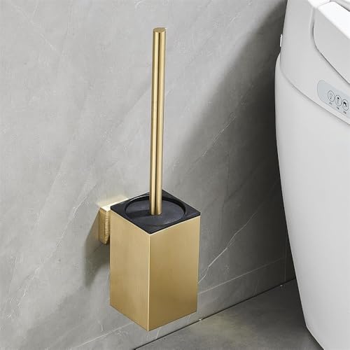 Toilet Brush and Holder Set Wall Mount or Freestanding KWQKEM Modern Toilet Bowl Cleaners Brush and Holder with Lid 304 Stainless Steel (Brushed Gold) - color: Gold, size: Wall Mount