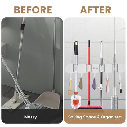 2Pcs Broom Holder Wall Mount, No-Drilling Self-Adhesive Mop and Broom Storage Rack with Hooks (4 Racks with 5 Hooks), Wall-Mounted Broom Hanger for Bathroom, Kitchen, Closet, Garage (White ﻿) - color: White ﻿