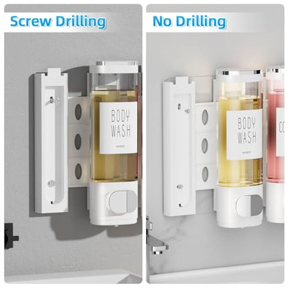 VITVITI Shampoo and Conditioner Dispenser for Shower Wall, Shower Soap Dispenser 3 Chamber No Drill Wall Mounted, 10.2 OZ Plastic Refillable Shower/Body Wash Bottles for Bathroom (White) - color: White